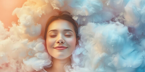 Sleeping happy woman head on the white fluffy cloud on colored background