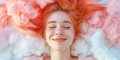 Sleeping happy woman head on the white fluffy cloud on colored background