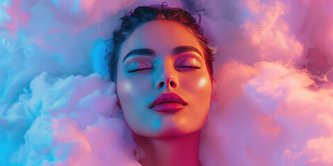 Sleeping happy woman head on the white fluffy cloud on colored background