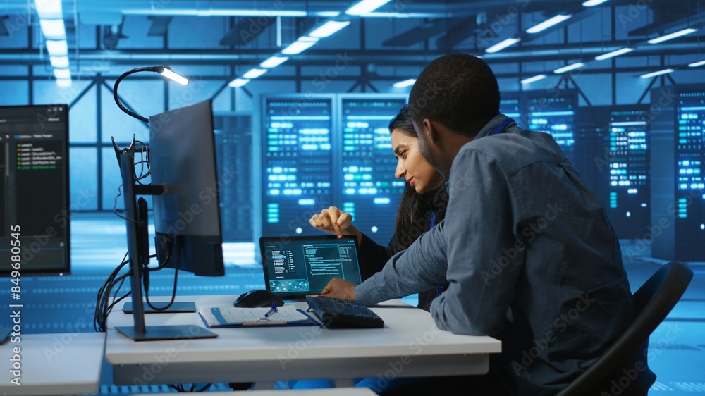 Poster multiethnic coworkers doing system analysis of server farm supercomputers using tablet. diverse team