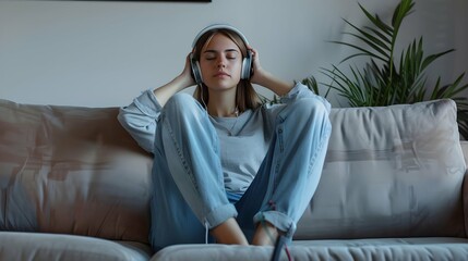 Obraz premium sad depressive woman with headphones sitting on the sofa and listening to music 