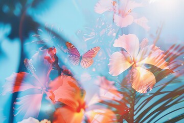 Vibrant double exposure photograph featuring colorful butterflies and tropical flowers in a bright, dreamy atmosphere.