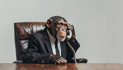 Chimpanzee sitting at a table is talking on the phone on a white background