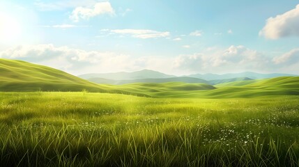 Fototapeta premium panorama of beautiful countryside grassy field and rolling hills 