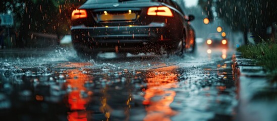 Naklejka premium Car driving through rain puddles on a city street