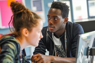 A youth worker demonstrating stop motion animation techniques to a teenager.