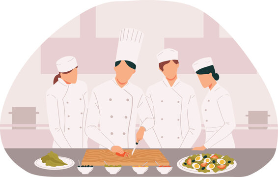 Team chefs prepping meal professional kitchen. Head chef slicing gourmet food culinary experts. Uniformed cooks preparing dishes commercial restaurant