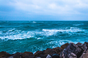 Sea in blue hour with storm clouds in Miramar de Madero beach Tampico Tamaulipas