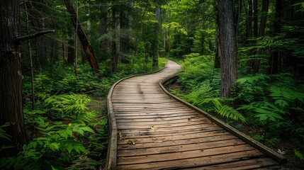 Wooden Pathway Amidst the Trees