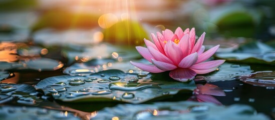 Pink lotus flower blooming at sunset