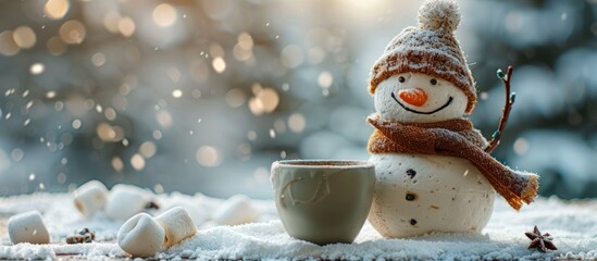 Snowman enjoying coffee in winter wonderland