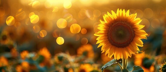 Obraz premium Single sunflower in field at sunset