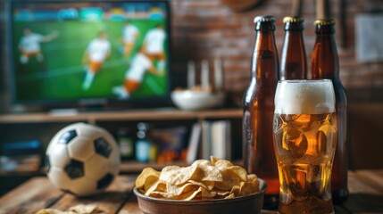 Naklejka premium Beer, chips and a soccer ball in the background of a TV with a soccer match in the pub. Football and leisure concept