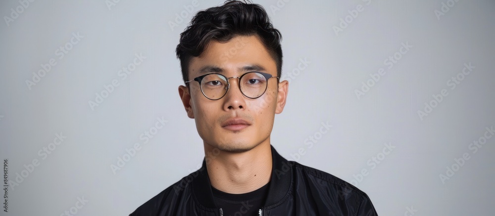 Wall mural Young asian man wearing glasses against white background