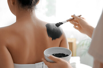 Massage therapist applying mud on woman's back in spa salon, closeup