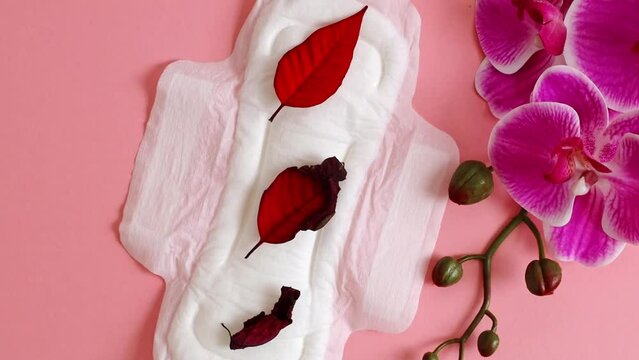 One feminine pad, three red leaves and an orchid branch on pink.
