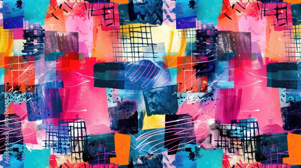 Poster patchwork design with mixed print and scribble threads in a seamless pattern with watercolor effect 
