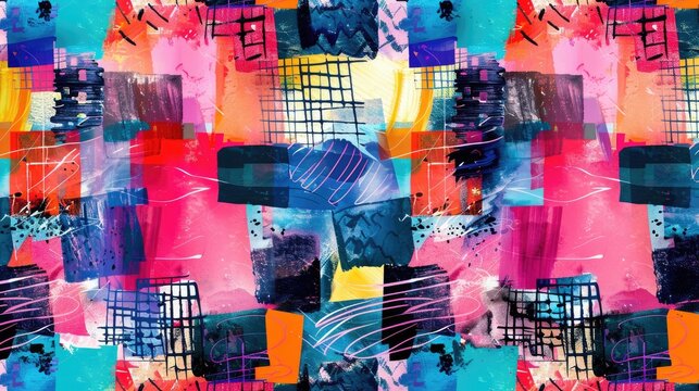 Patchwork design with mixed print and scribble threads in a seamless pattern with watercolor effect ideal for bed linen leggings shorts and the fashion sector