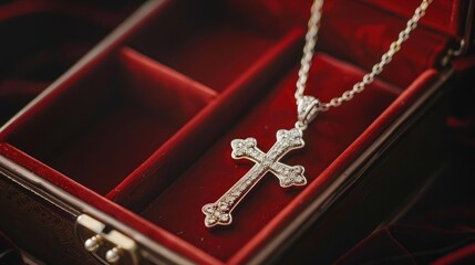 Close-up of a cross-shaped pendant in a jewelry box