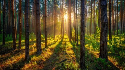 Beautiful sunlight in a pine forest