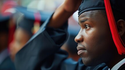 Close-up of a graduate adjusting their cap and gown before the commencement ceremony