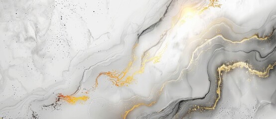 Fototapeta premium Abstract fluid art painting in alcohol ink technique, mixture of black and gold paints. Marble texture background, abstract painting with scattered golden glitters