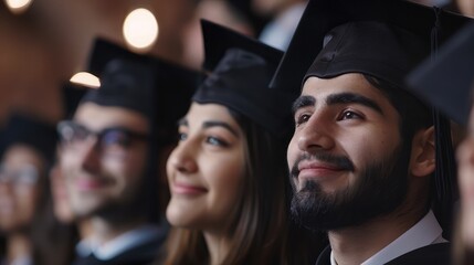 Fototapeta premium Close-up of a graduate standing proudly with a group of fellow graduates