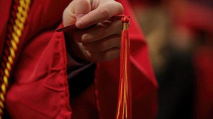 Close-up of a graduate's hand turning the tassel on their cap after receiving the diploma