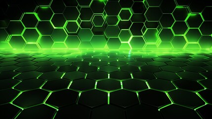Futuristic green digital landscape with glowing hexagons, abstract technology background ideal for innovation and tech themes.