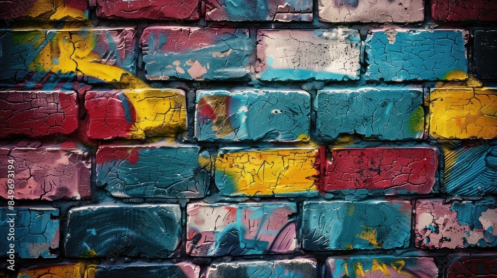 Sticker Close-up of a high-resolution grunge brick wall with graffiti