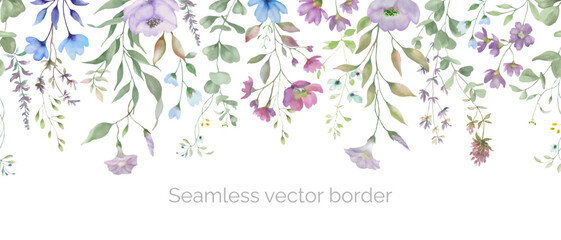 Seamless watercolor floral border. Hand drawn illustration isolated on white background. Vector EPS.