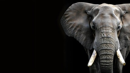 close up of an elephant head on black background, copy space