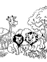 Obraz premium cartoon safari animals group coloring page