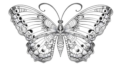 Butterfly coloring page for children and adults. Beautiful drawings with patterns and small details. Hand drawing vector illustration in black outline on a white background