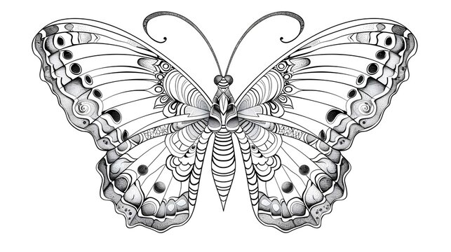 Butterfly coloring page for children and adults. Beautiful drawings with patterns and small details. Hand drawing vector illustration in black outline on a white background