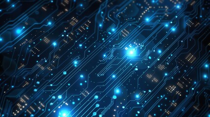 Blue lights illuminate a detailed circuit board pattern, symbolic of electronics and computing