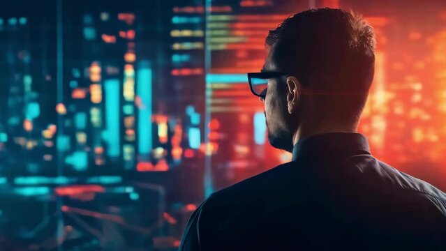 Smart investor making decision for investment in stock market. Skilled businessman typing and looking at monitor display financial statistic chart or stock market trading graph surrounded.