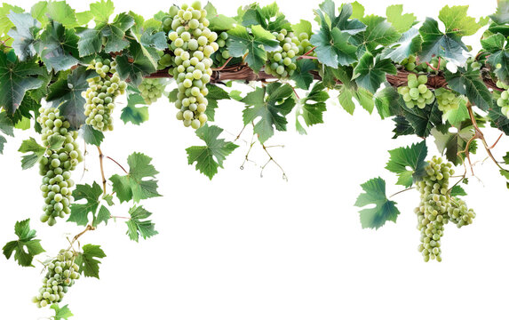 Grape leaves vine branch with tendrils and grape on transparent or white background