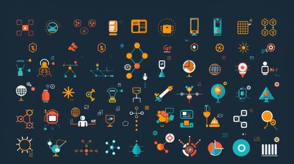 An engaging set of colorful and diverse flat design icons representing technology, innovation, and various modern concepts