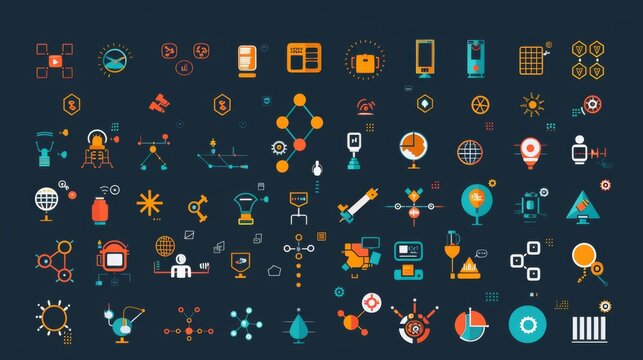 An engaging set of colorful and diverse flat design icons representing technology, innovation, and various modern concepts