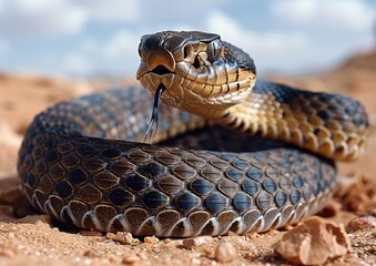 Close-up Image of a Coiled Snake in Defensive Position on Rocky Terrain with Blue Sky Background...