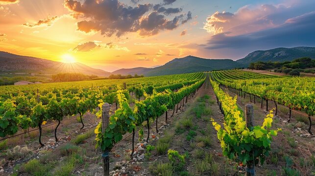 Vineyards in the Southern French region of Languedoc during a summer evening