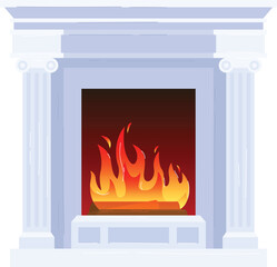 Marble fireplace containing blazing fire, giving cozy home feel, designed classical style. White stone pillars holding fireplace, artistic rendering wood burning yellow flames. Warm traditional