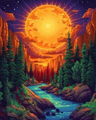 Vibrant Fantasy Landscape with Majestic Sun over Mountains, Dense Forest, and Serene River Under a Starry Twilight Sky
