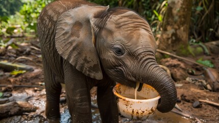 Fototapeta premium A young elephant calf is drinking water from a bowl at a muddy watering hole