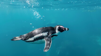 Naklejka premium A single penguin glides effortlessly through the crystal-clear blue water, showcasing its natural swimming ability