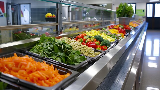 A school cafeteria featuring a build-your-own-salad bar - offering a variety of fresh vegetables and customizable options for creating nutritious and appealing meals