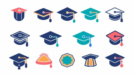 This image displays a variety of graduation cap icons in different colors and styles, representing the diversity of academic achievements