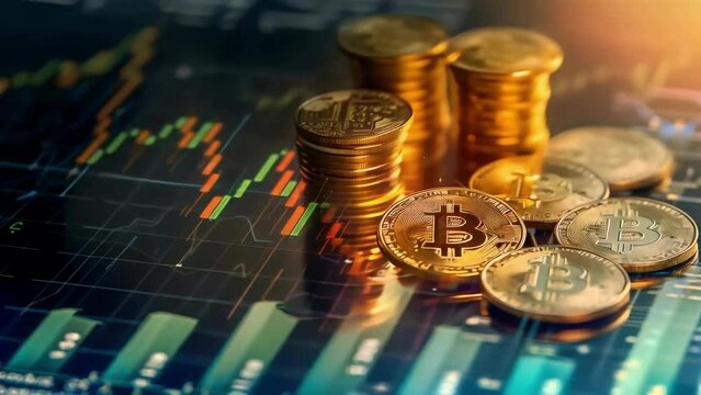 Golden bitcoin on the background of the financial chart. Futuristic of virtual currency, internet trade, and global investment. Concept of risk and success in crypto market.