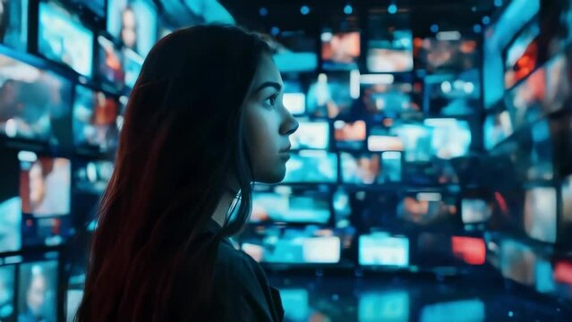 Woman engaged with cutting edge entertainment. Interacting with video wall and multiple screens, redefining modern multimedia experience.